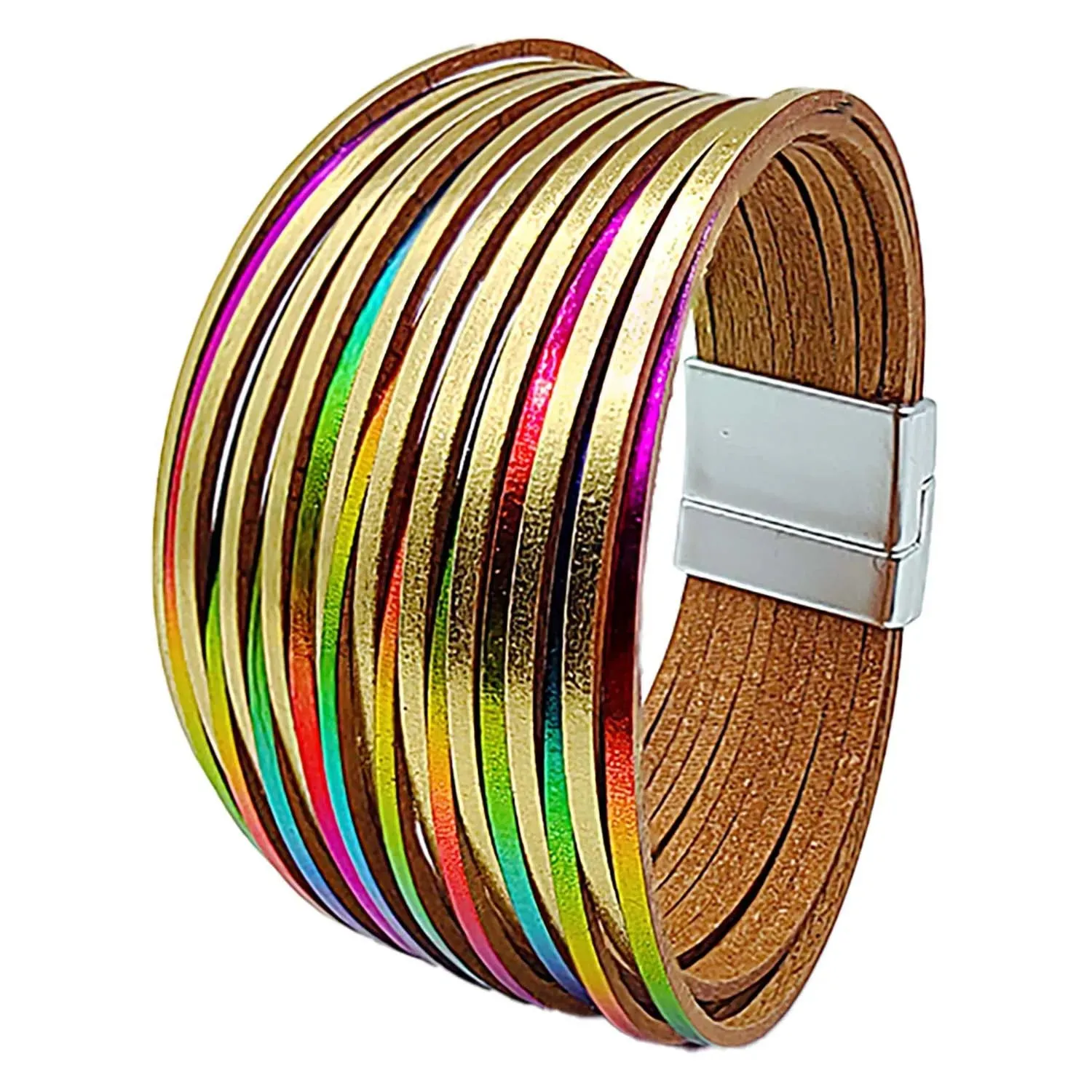 Mixed Color Multilayer Women Bracelet Handmade Leather Bracelet For Women Magnet Buckle Wide Bracelet