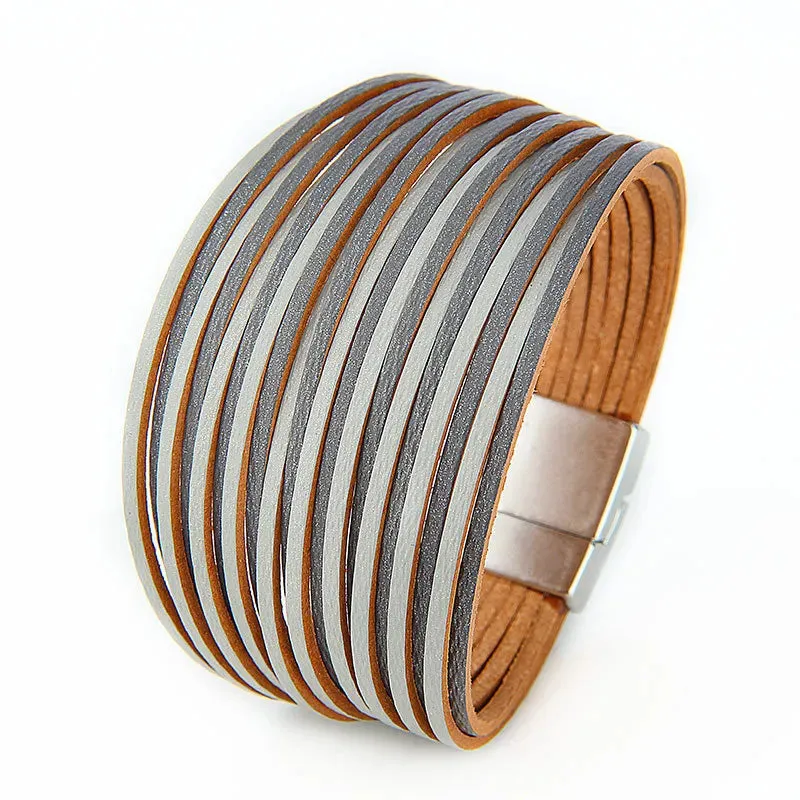 Mixed Color Multilayer Women Bracelet Handmade Leather Bracelet For Women Magnet Buckle Wide Bracelet