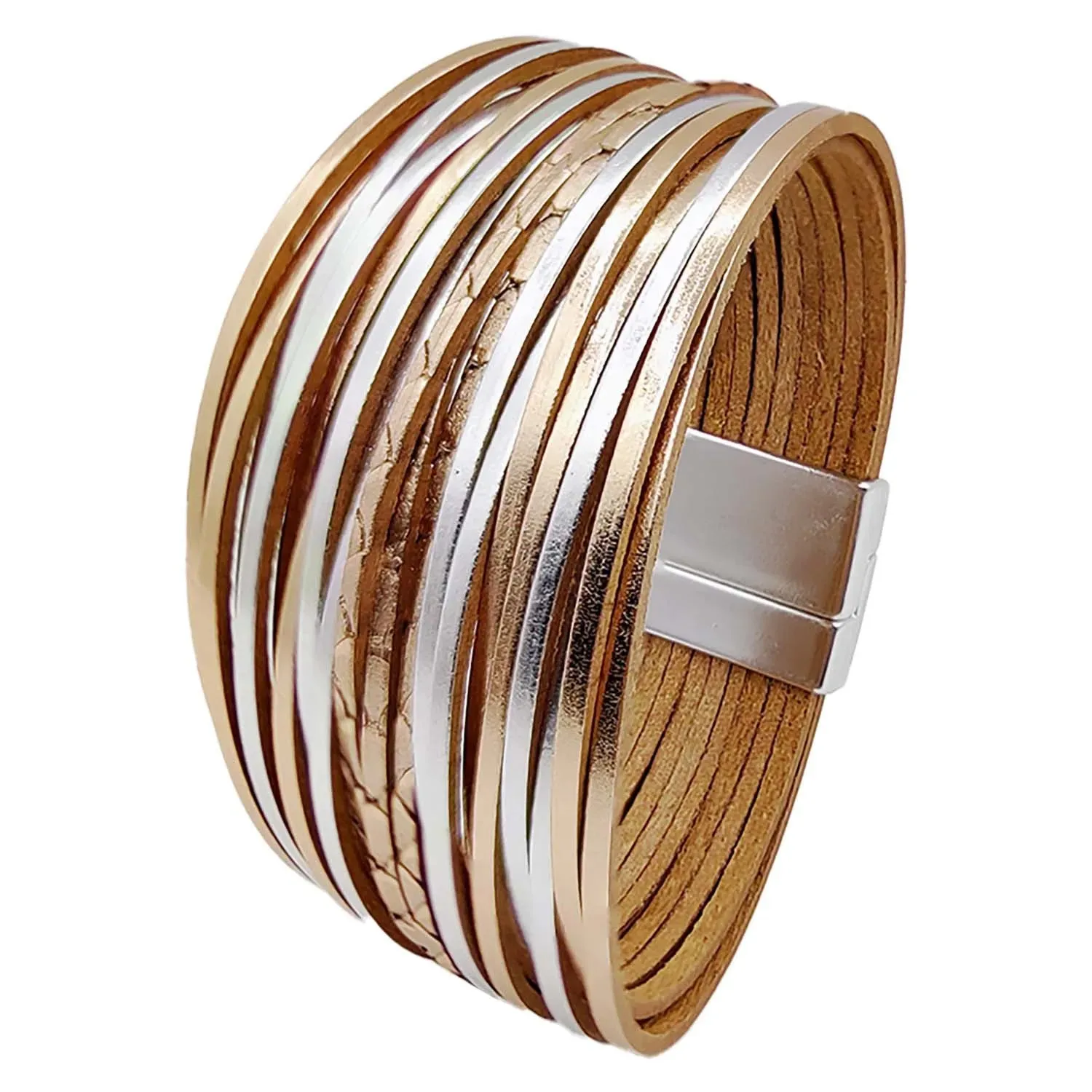 Mixed Color Multilayer Women Bracelet Handmade Leather Bracelet For Women Magnet Buckle Wide Bracelet