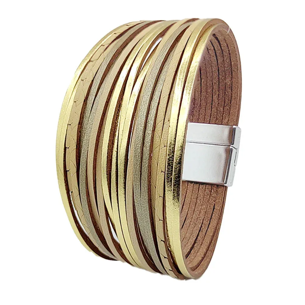 Mixed Color Multilayer Women Bracelet Handmade Leather Bracelet For Women Magnet Buckle Wide Bracelet