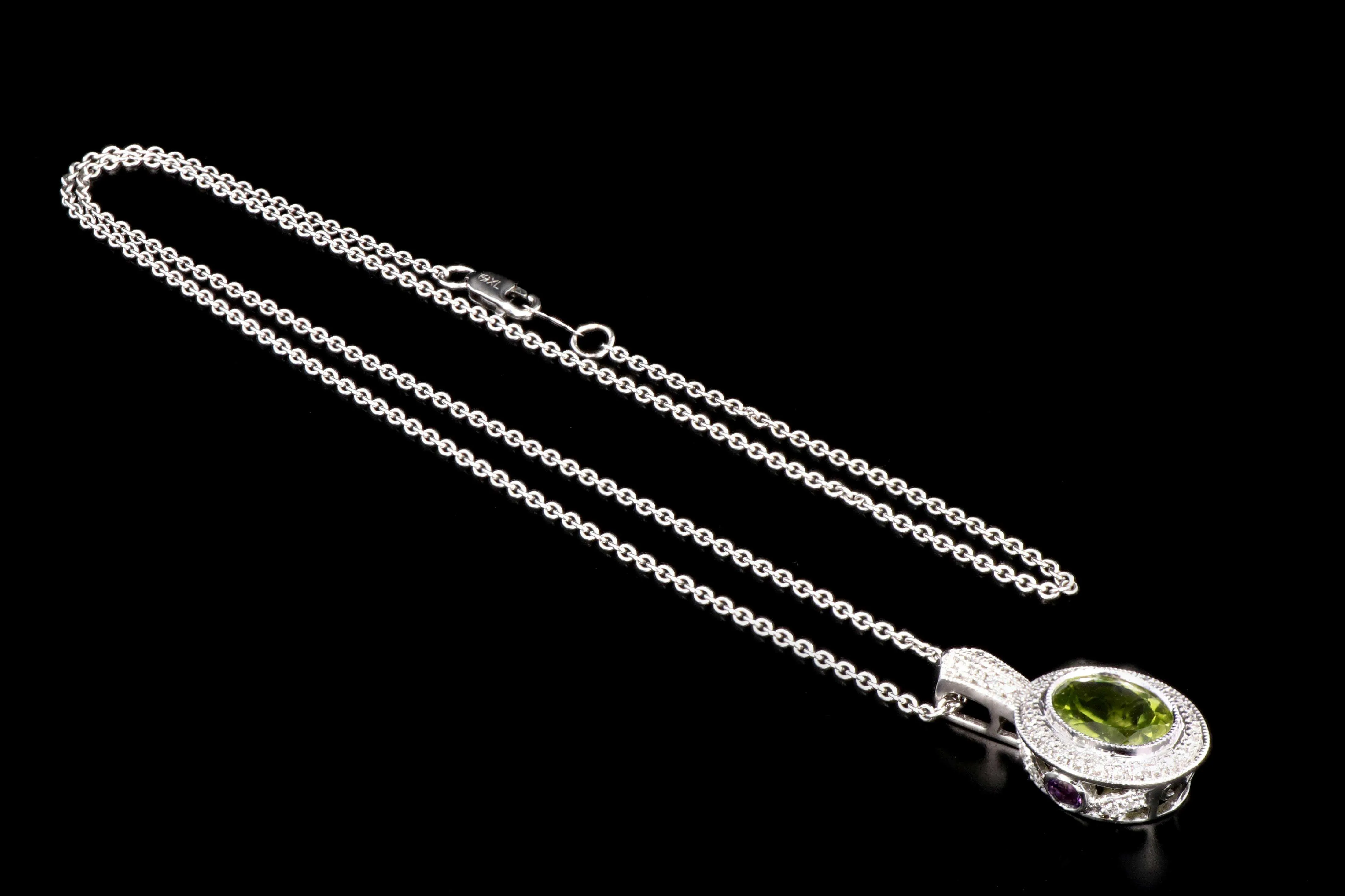 Modern 14K White Gold 3CT Peridot, Amethyst, and Diamond Pendant Necklace
