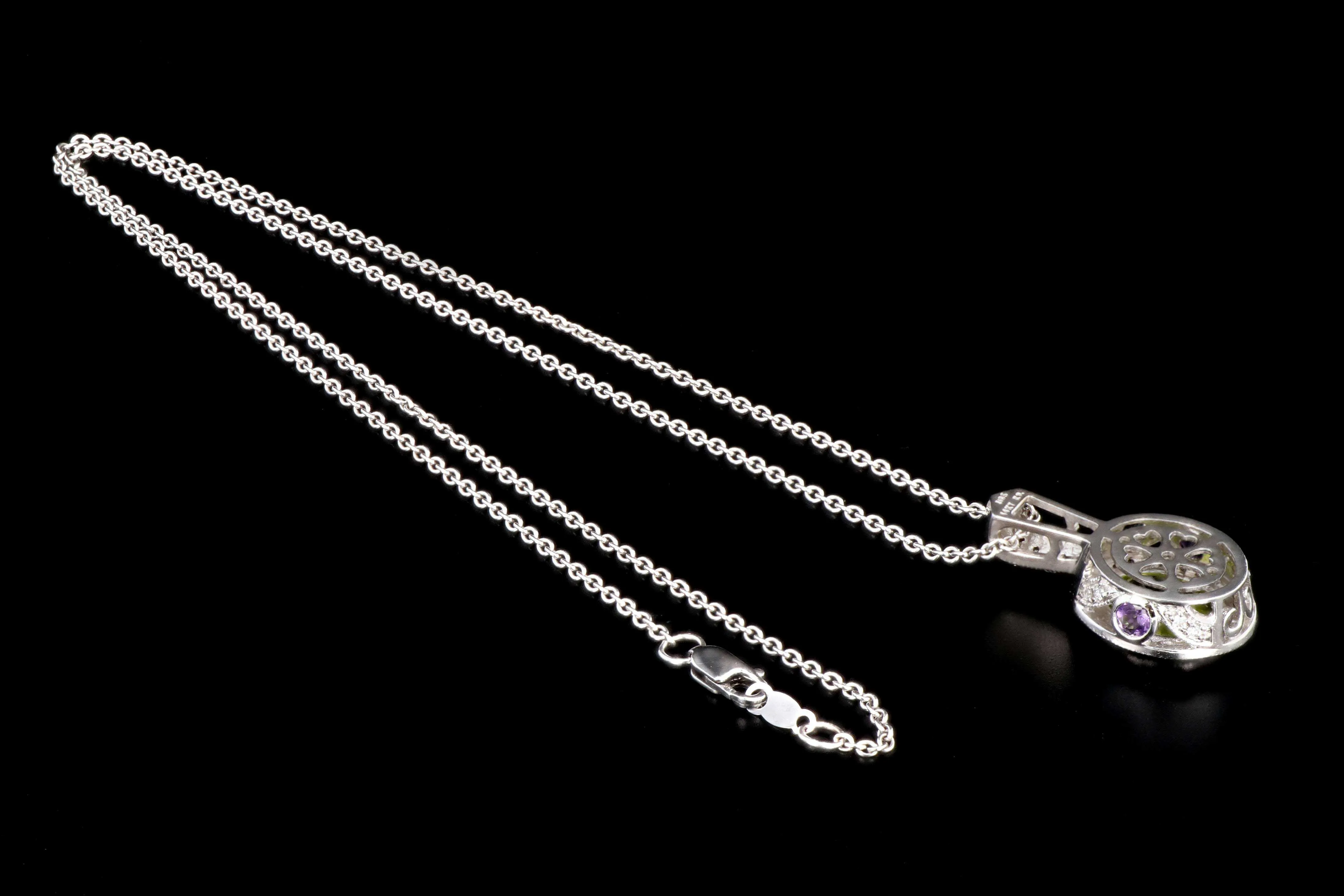 Modern 14K White Gold 3CT Peridot, Amethyst, and Diamond Pendant Necklace