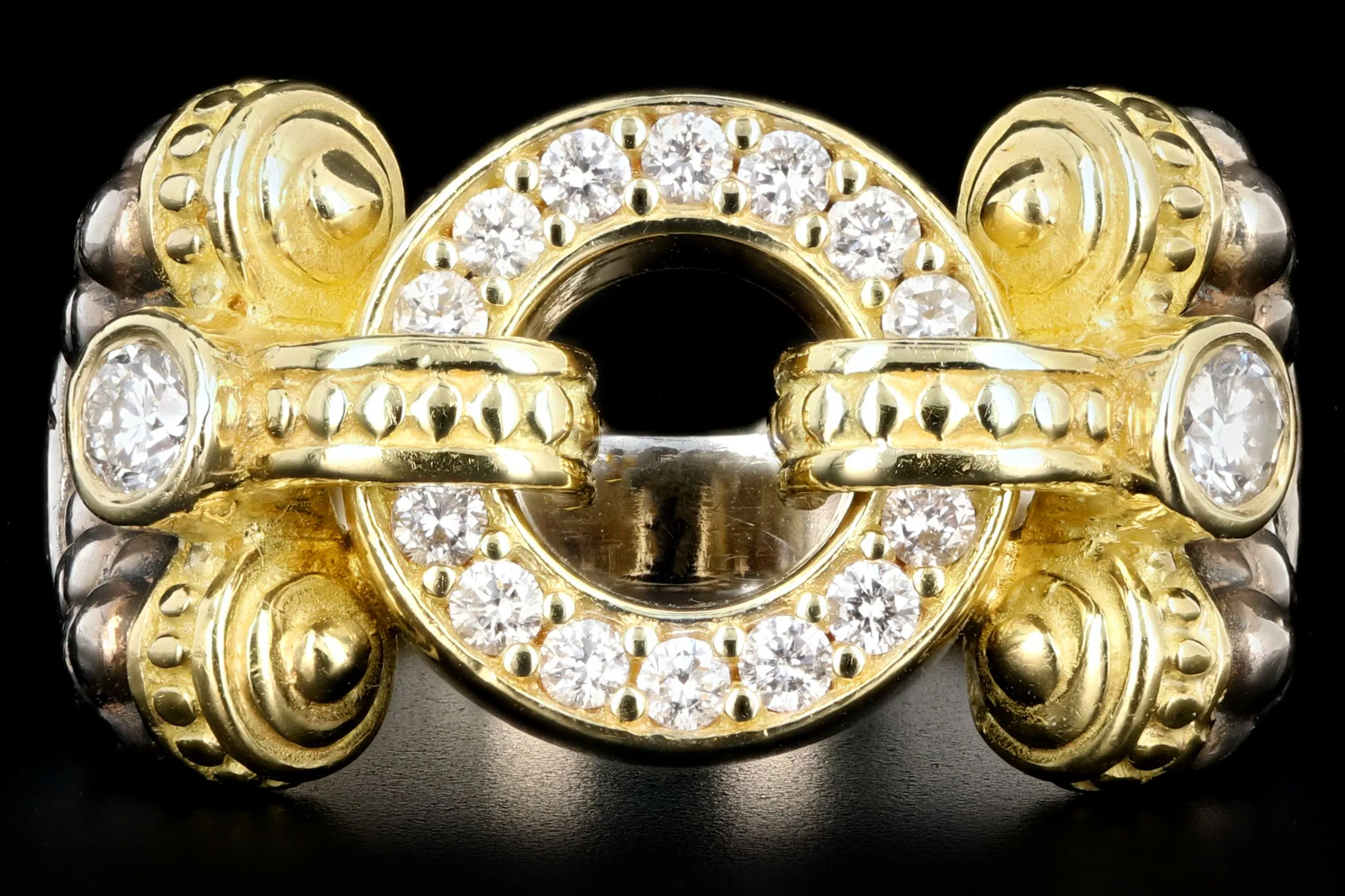 Modern Lagos 18K Yellow Gold and Sterling Silver .48 Carat Round Brilliant Cut Diamond Caviar Circle Game Ring