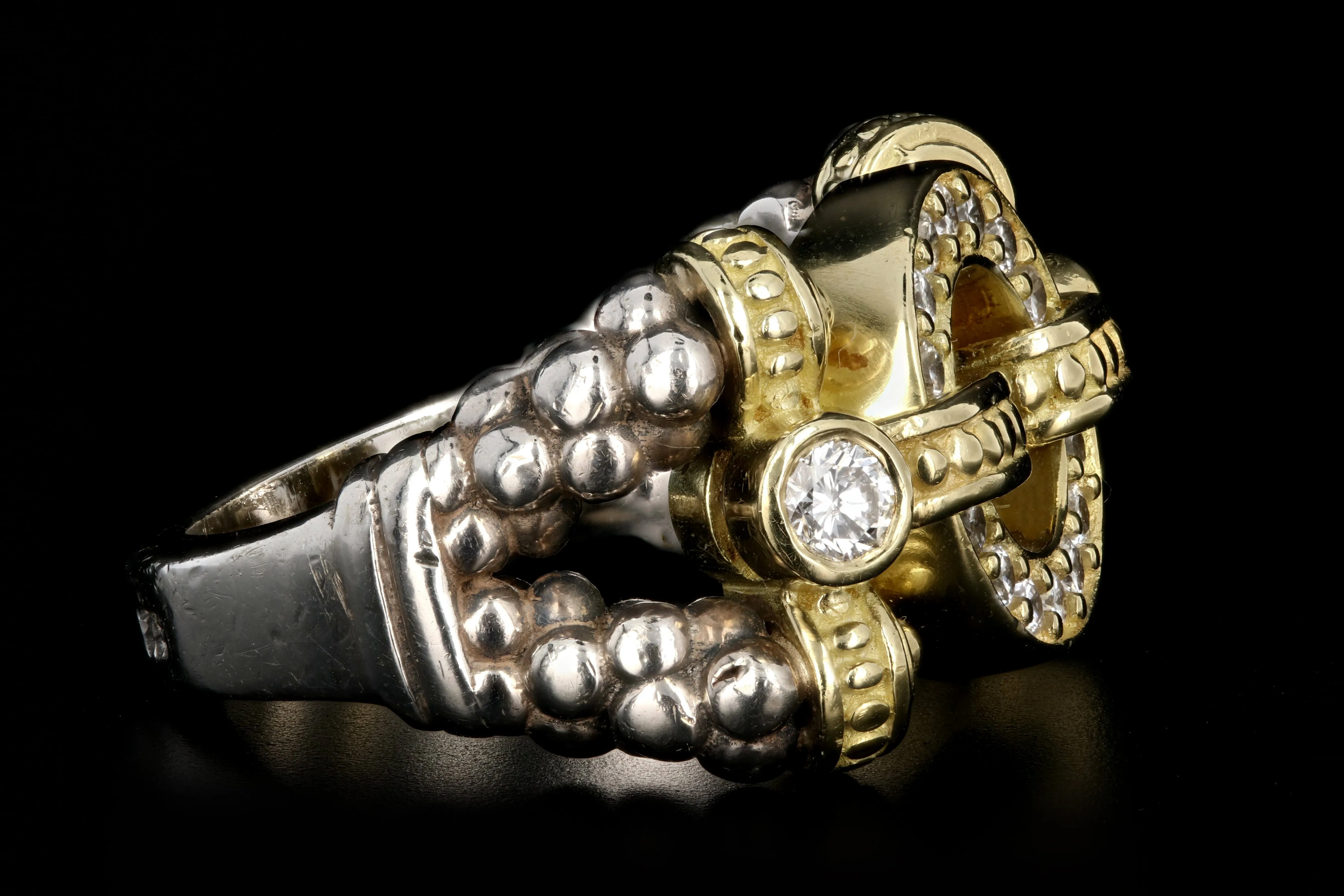 Modern Lagos 18K Yellow Gold and Sterling Silver .48 Carat Round Brilliant Cut Diamond Caviar Circle Game Ring