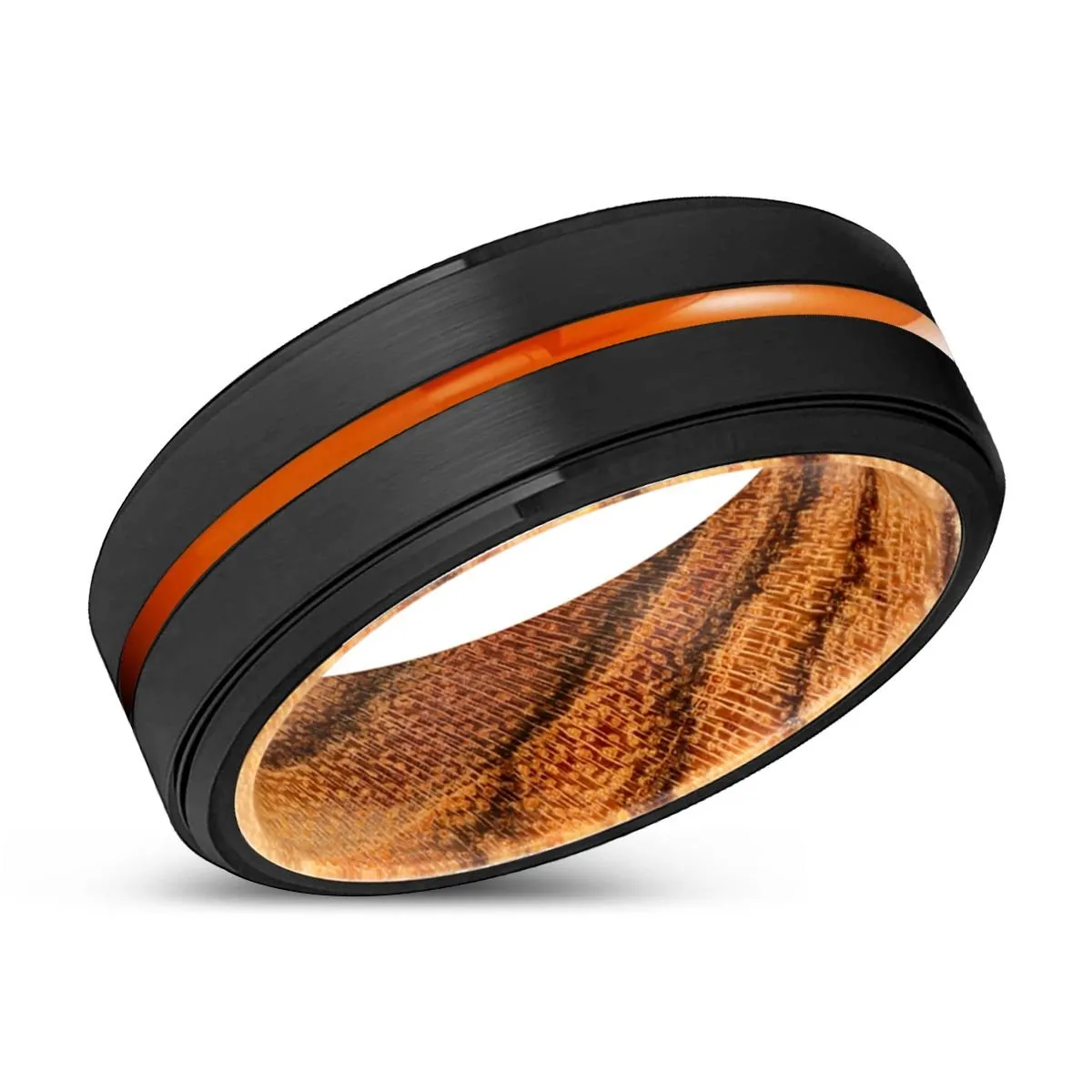 MODESTO | Bocote Wood, Black Tungsten Ring, Orange Groove, Stepped Edge