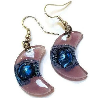 Moon Earrings. Lilac and blue Recycled Glass Drop Earrings. Dangle earrings