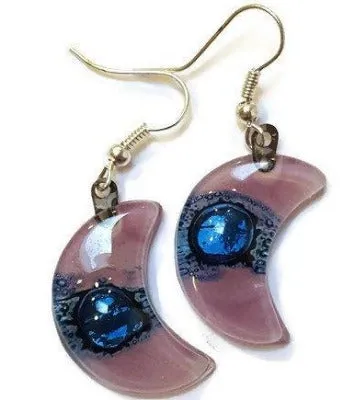 Moon Earrings. Lilac and blue Recycled Glass Drop Earrings. Dangle earrings