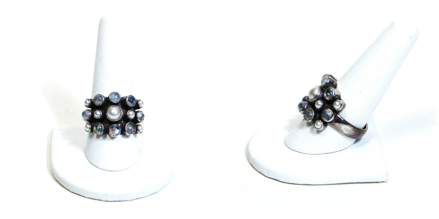 Moonstone and Pearl Statement Ring, Nicky Butler, Wide Band, Snake Eyes, Sterling Silver, Designer Jewelry, Size 10