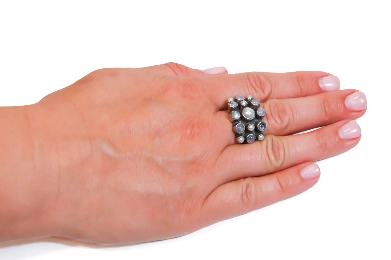Moonstone and Pearl Statement Ring, Nicky Butler, Wide Band, Snake Eyes, Sterling Silver, Designer Jewelry, Size 10