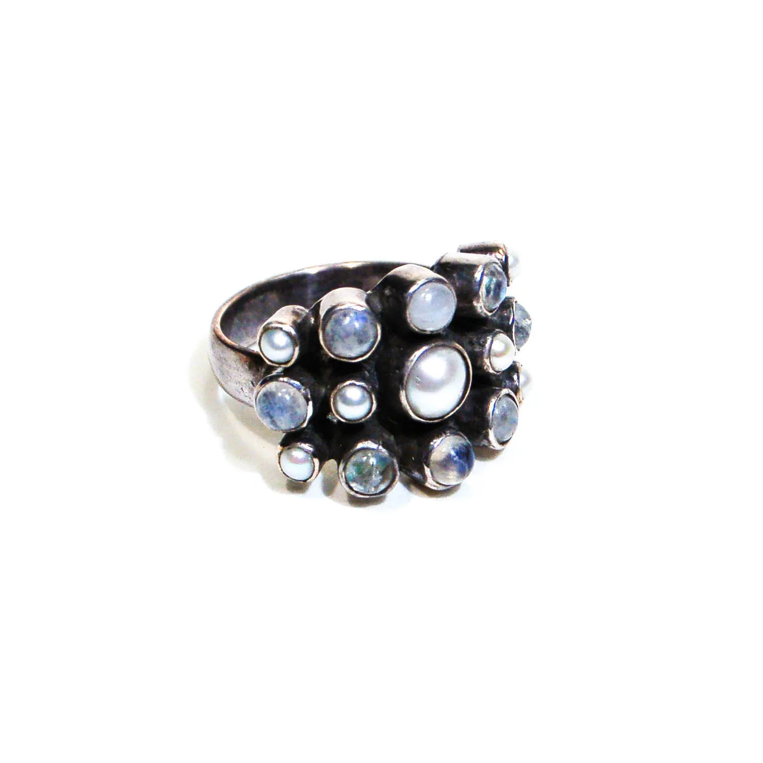 Moonstone and Pearl Statement Ring, Nicky Butler, Wide Band, Snake Eyes, Sterling Silver, Designer Jewelry, Size 10