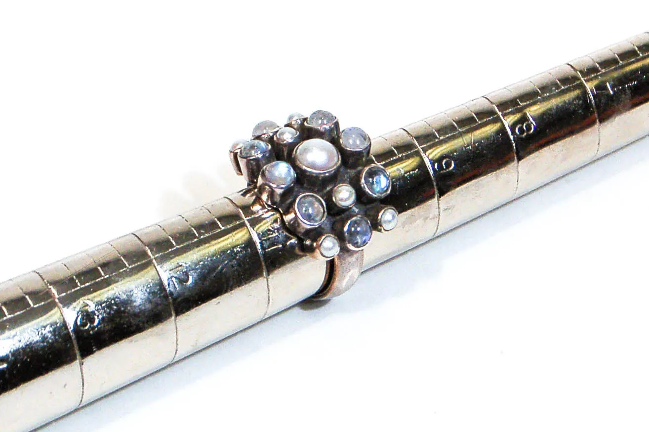 Moonstone and Pearl Statement Ring, Nicky Butler, Wide Band, Snake Eyes, Sterling Silver, Designer Jewelry, Size 10