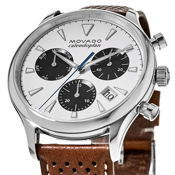 Movado Heritage Brown Leather White Dial Chronograph Quartz Watch for Gents- 3650008