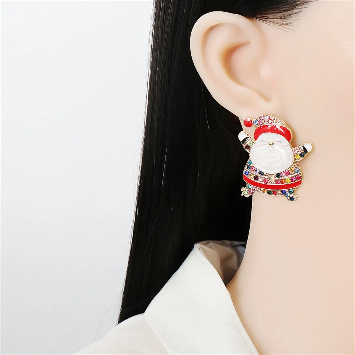 Multicolor Cubic Zirconia & Enamel 18K Gold-Plated Santa Stud Earrings