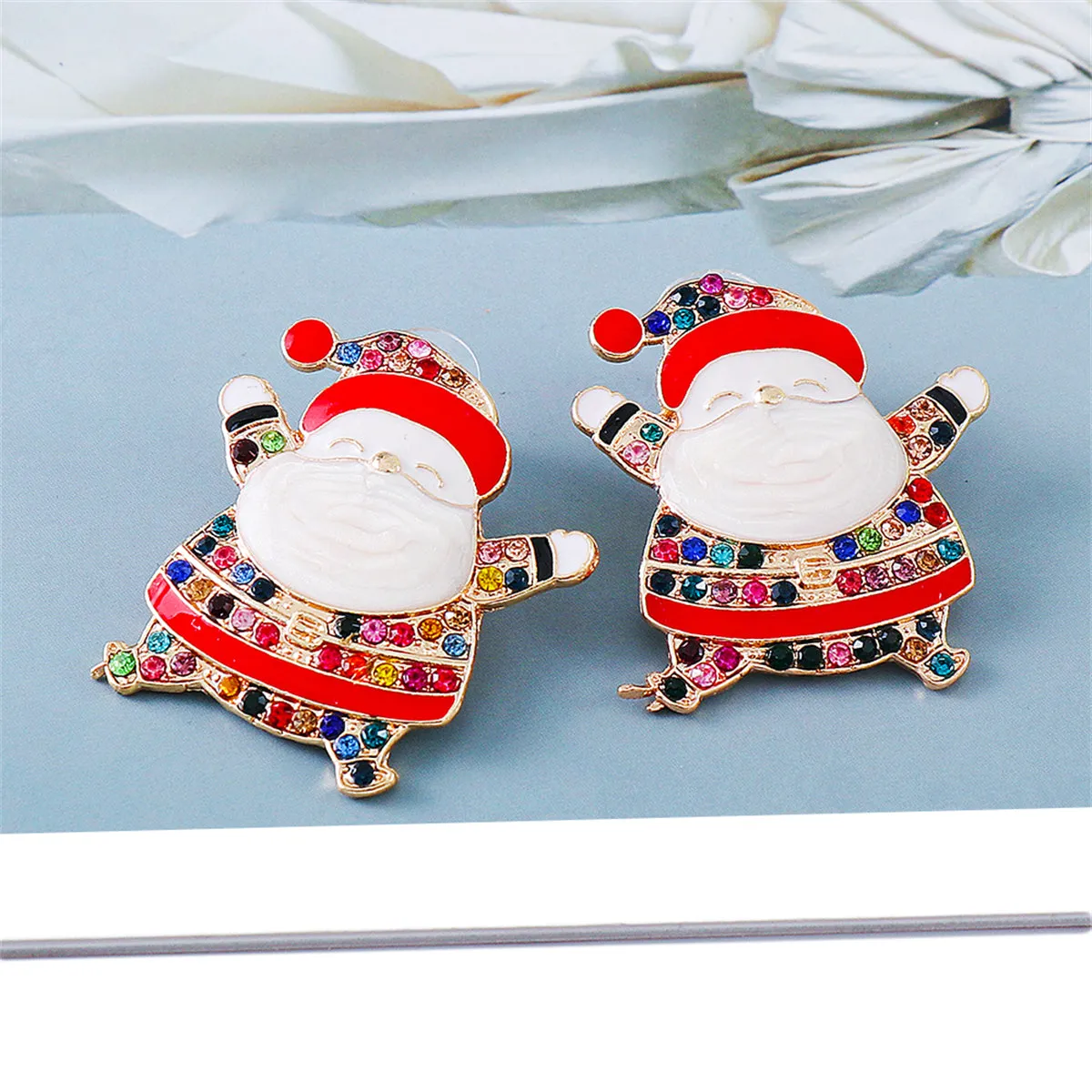 Multicolor Cubic Zirconia & Enamel 18K Gold-Plated Santa Stud Earrings