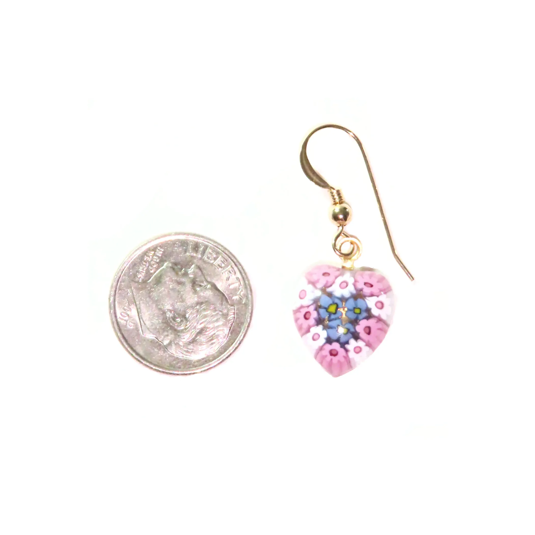 Murano Glass Millefiori Pink Blue Heart Gold Earrings