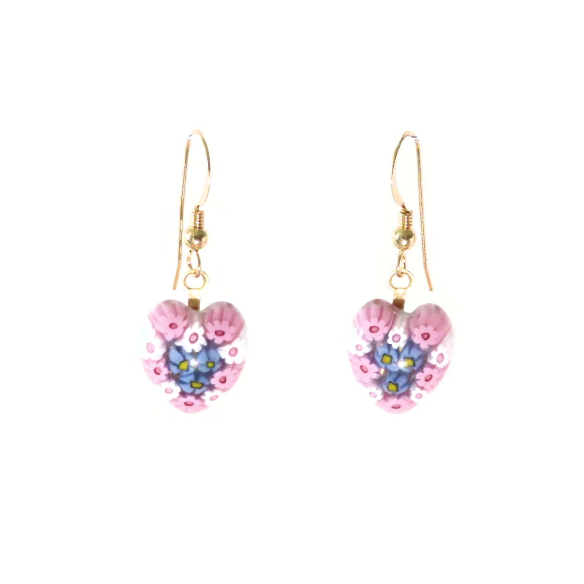 Murano Glass Millefiori Pink Blue Heart Gold Earrings