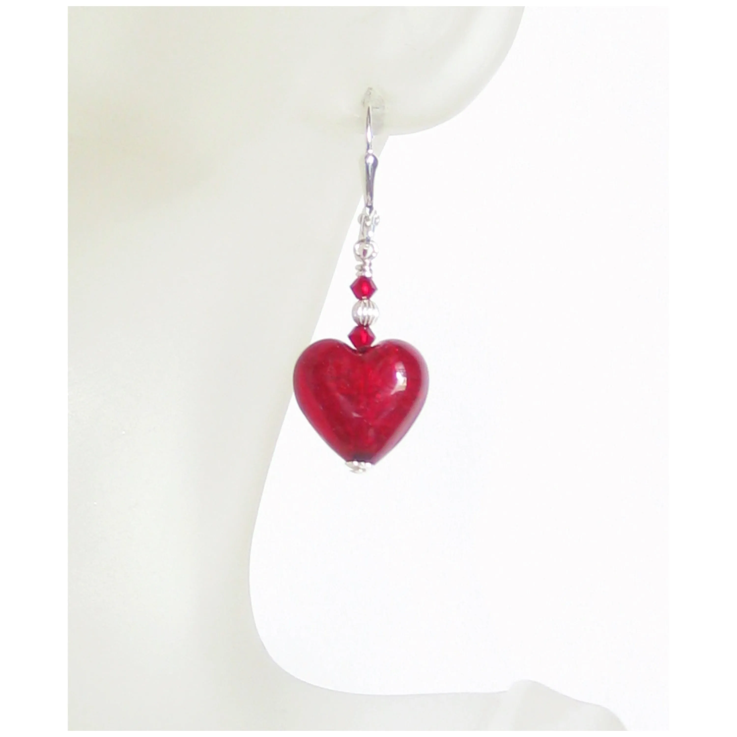 Murano Glass Red Heart Sterling Silver Earrings, Venetian Jewelry