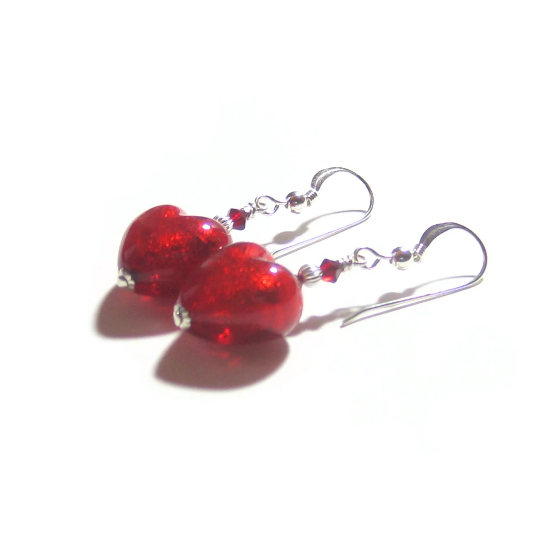 Murano Glass Red Heart Sterling Silver Earrings, Venetian Jewelry