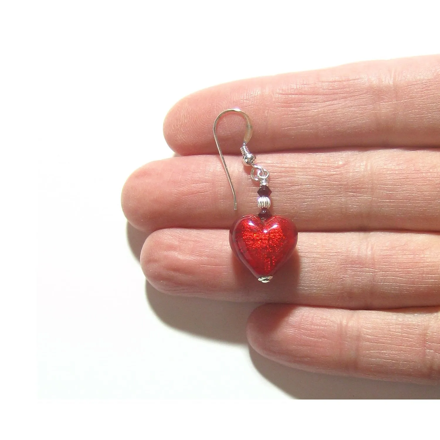 Murano Glass Red Heart Sterling Silver Earrings, Venetian Jewelry
