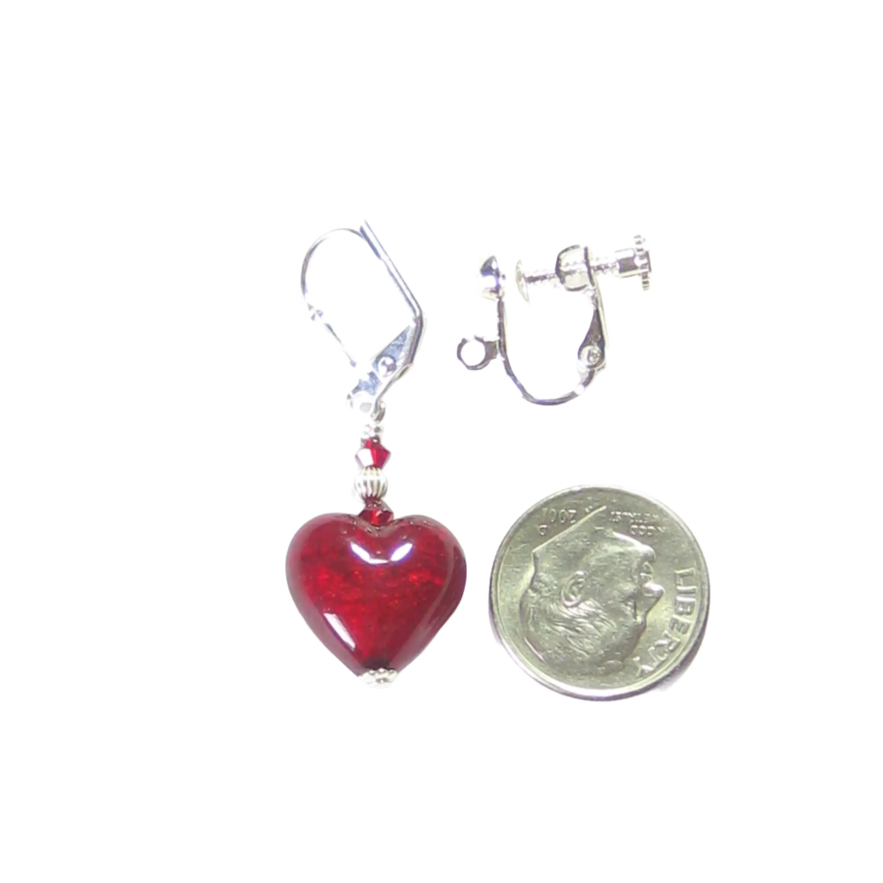 Murano Glass Red Heart Sterling Silver Earrings, Venetian Jewelry