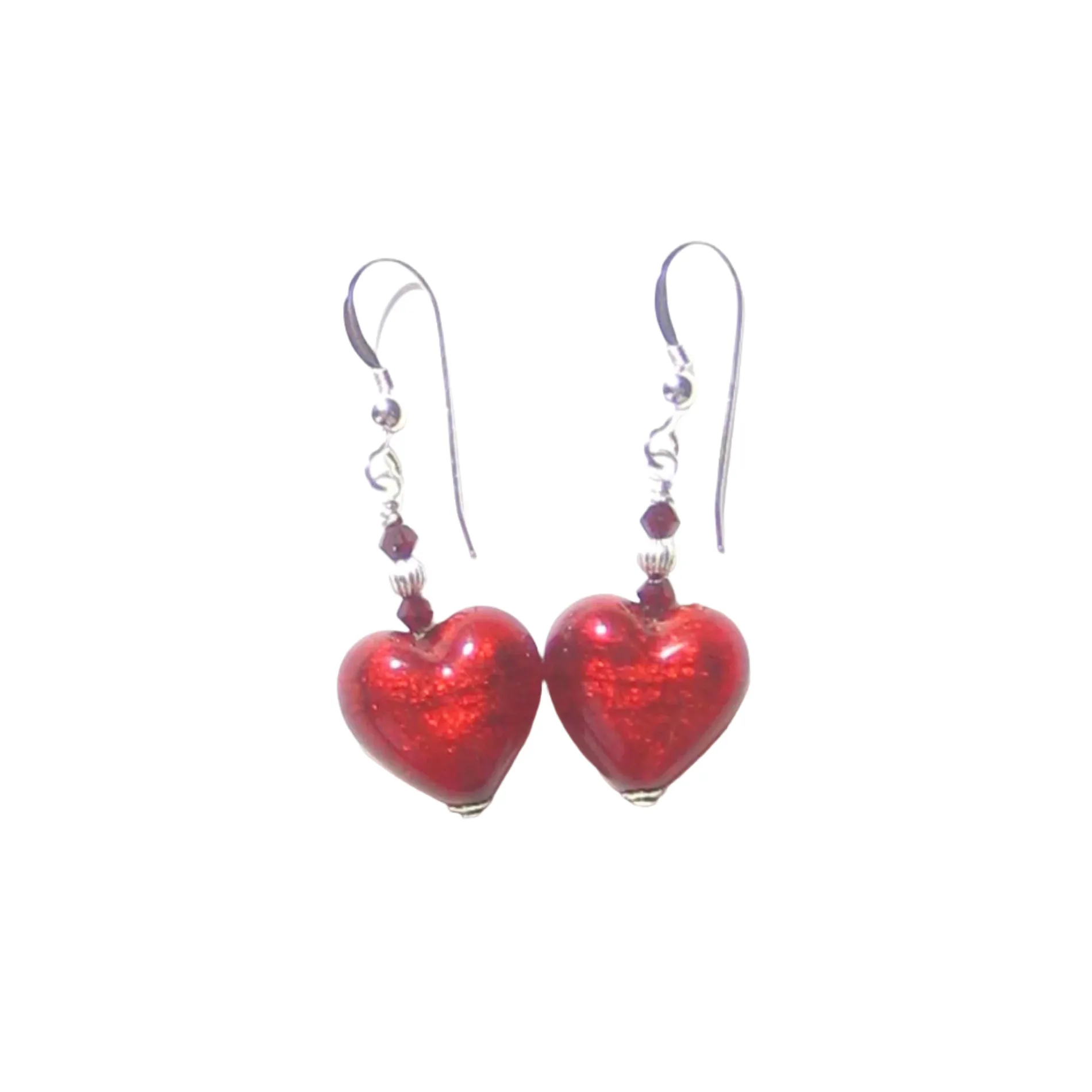 Murano Glass Red Heart Sterling Silver Earrings, Venetian Jewelry