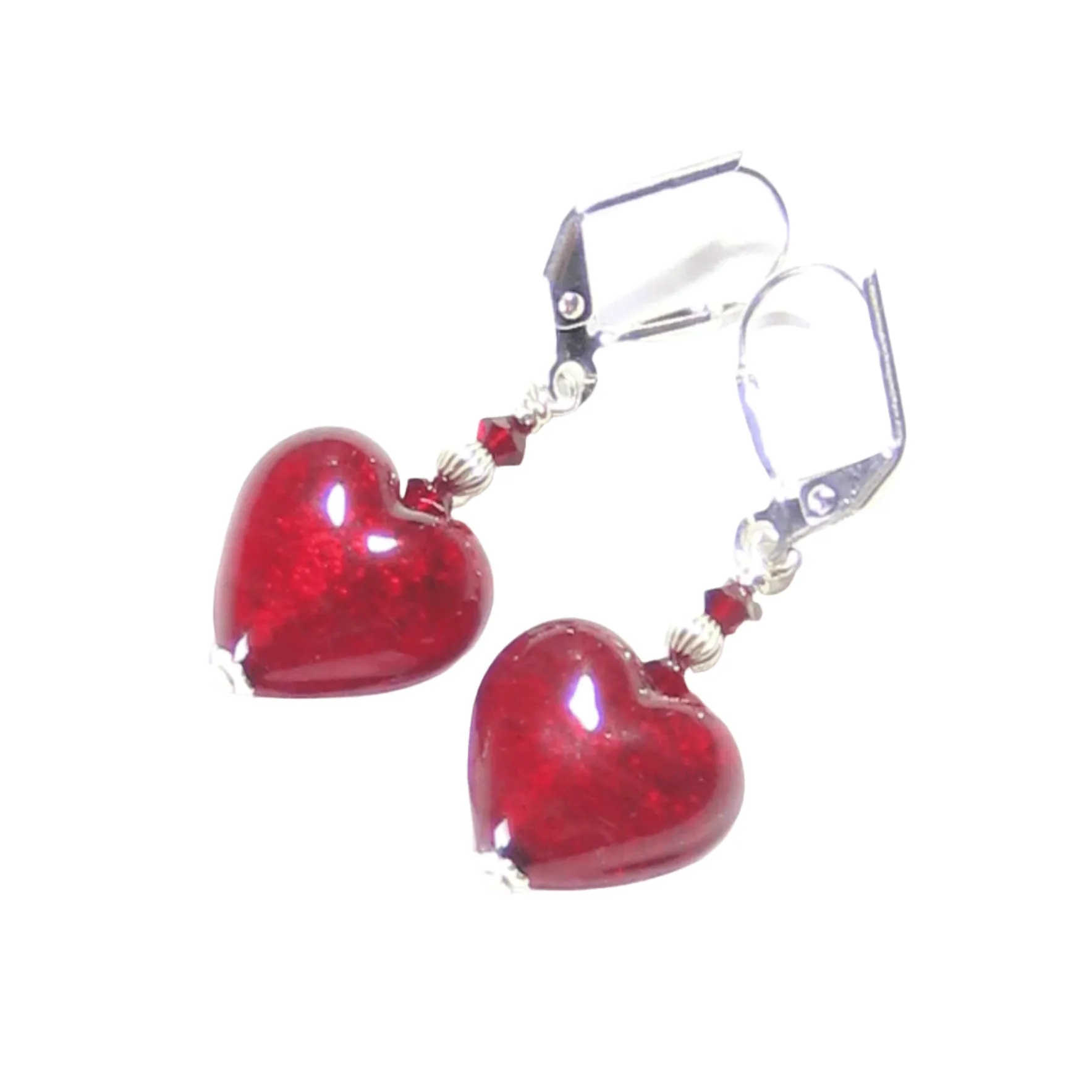 Murano Glass Red Heart Sterling Silver Earrings, Venetian Jewelry