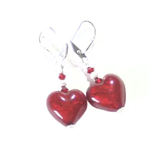 Murano Glass Red Heart Sterling Silver Earrings, Venetian Jewelry