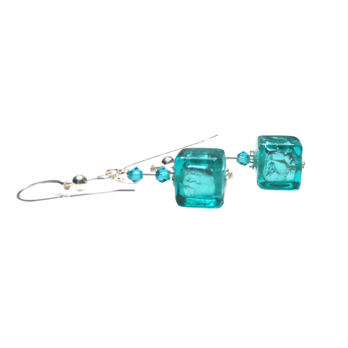 Murano Glass Sea Green Cube Silver Earrings, Leverback Earrings
