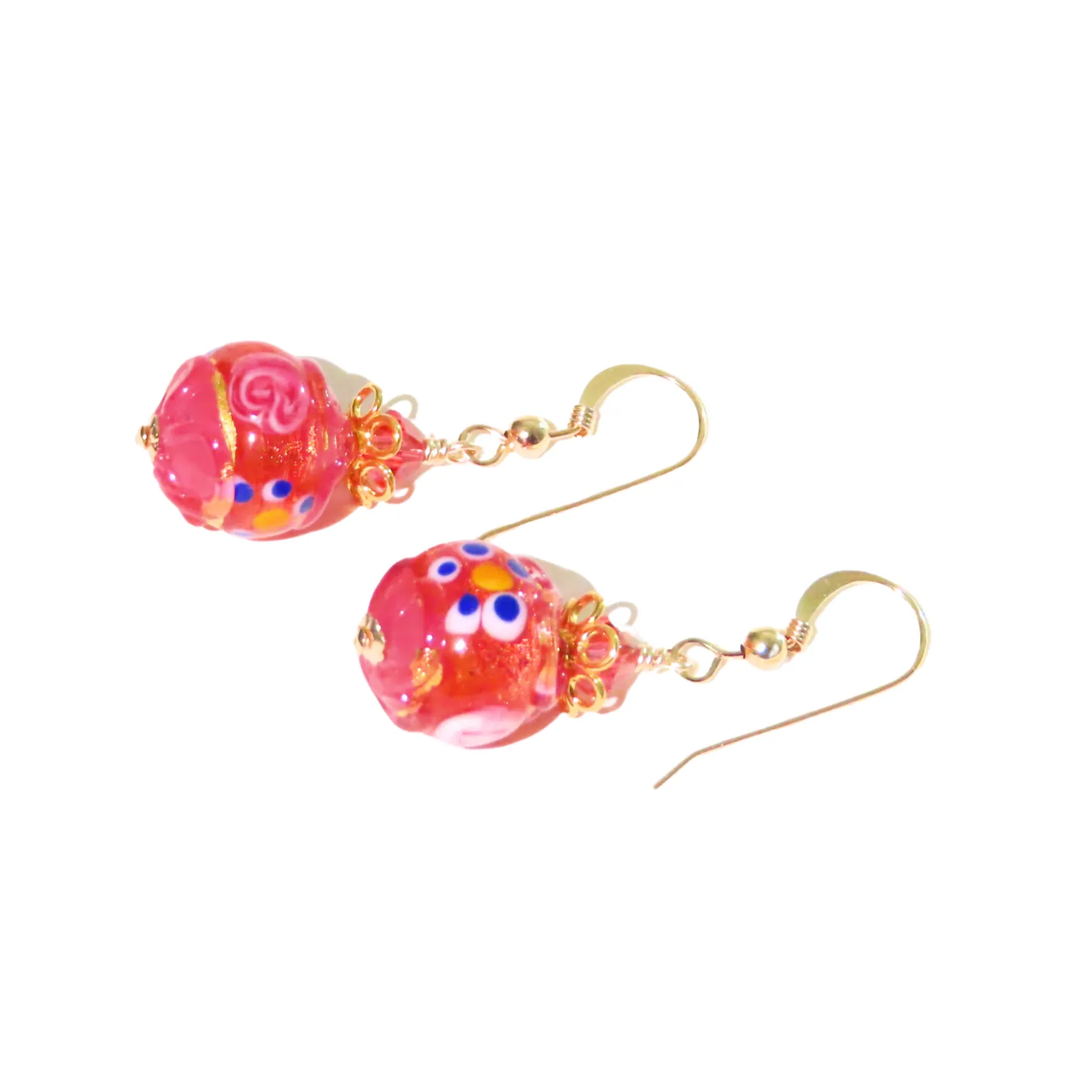 Murano Pink Fiorato Wedding Cake Gold Earrings - Handcrafted Glass Beads, 12mm Size