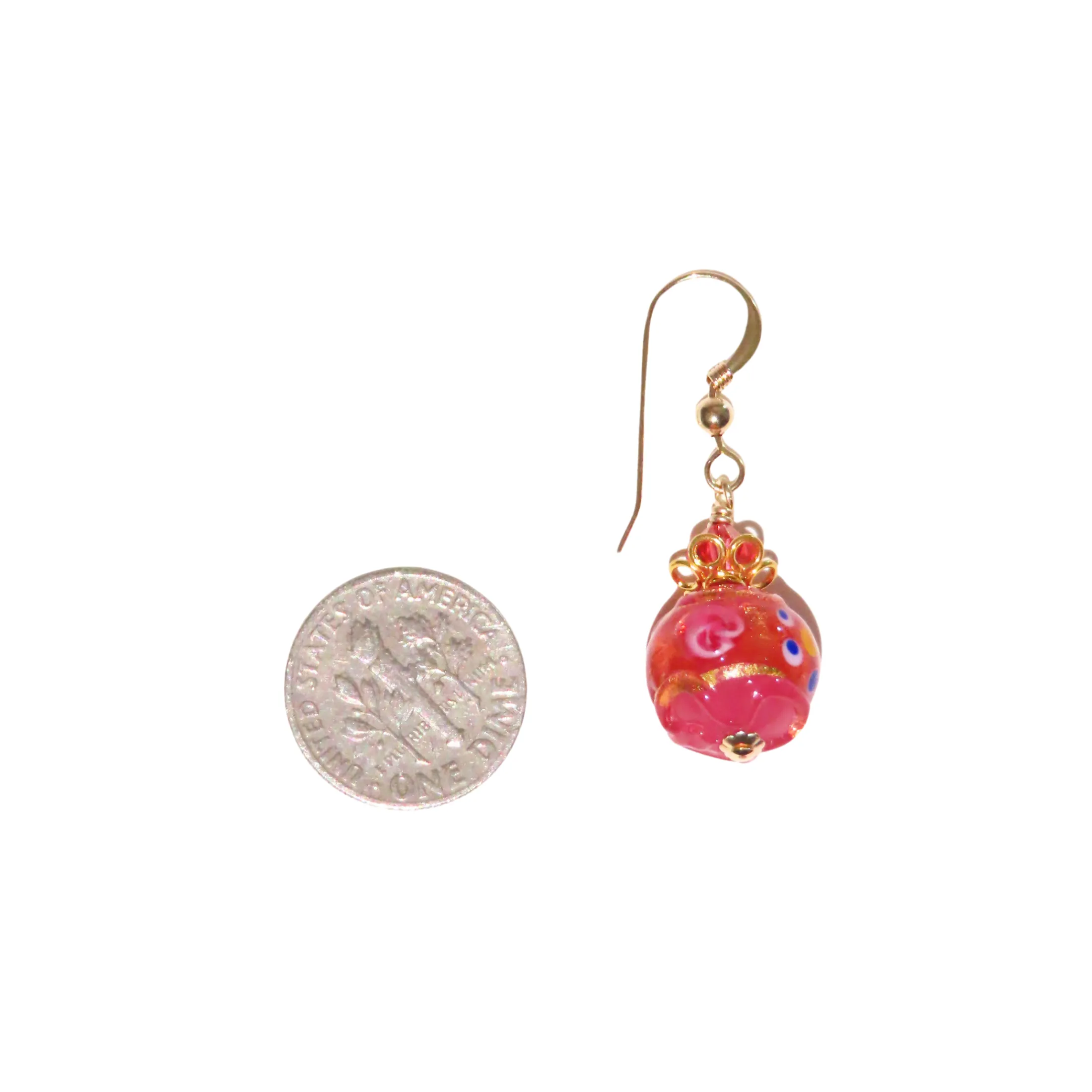 Murano Pink Fiorato Wedding Cake Gold Earrings - Handcrafted Glass Beads, 12mm Size