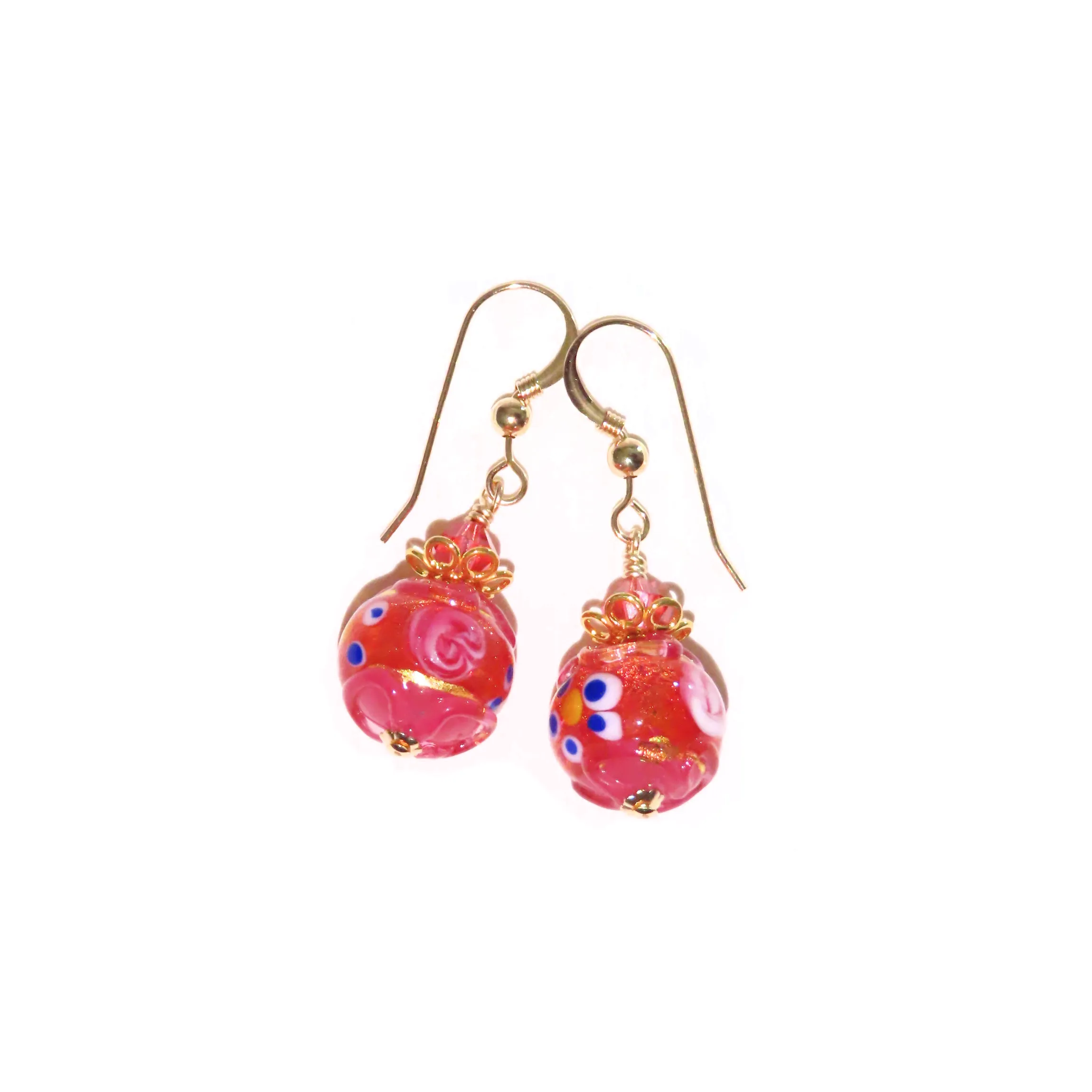 Murano Pink Fiorato Wedding Cake Gold Earrings - Handcrafted Glass Beads, 12mm Size