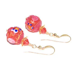 Murano Pink Fiorato Wedding Cake Gold Earrings - Handcrafted Glass Beads, 12mm Size