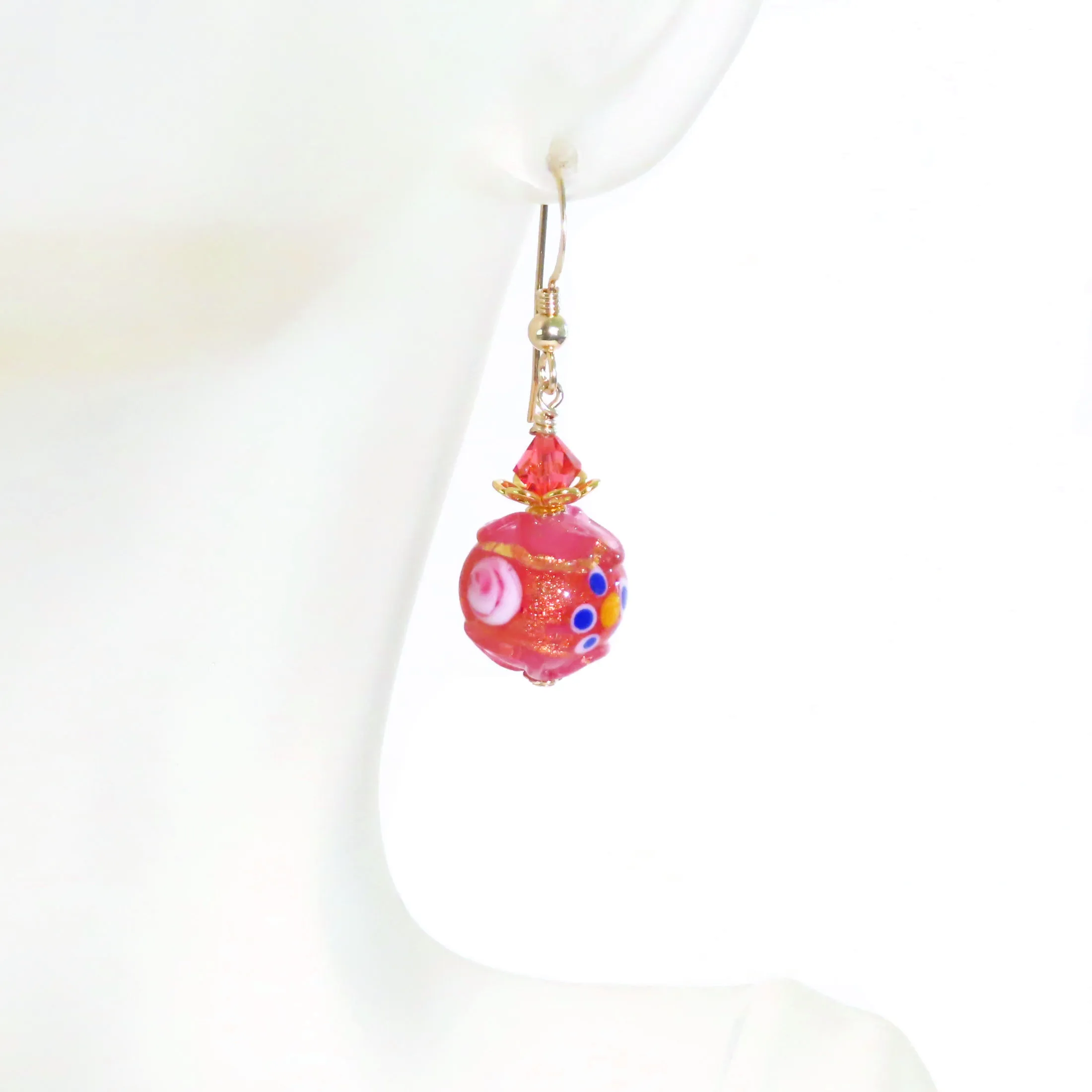 Murano Pink Fiorato Wedding Cake Gold Earrings - Handcrafted Glass Beads, 12mm Size