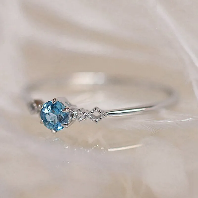 Natural Blue Aquamarine Ring Silver Women Wedding Jewelry