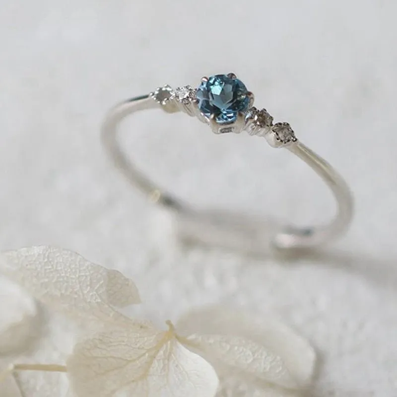 Natural Blue Aquamarine Ring Silver Women Wedding Jewelry