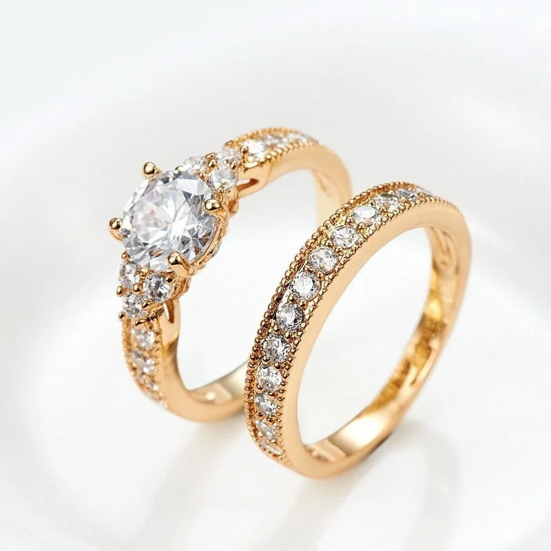 Natural Zirconia Gold 925 Solid Silver Rings Set Women 2.0ct Wedding Bride