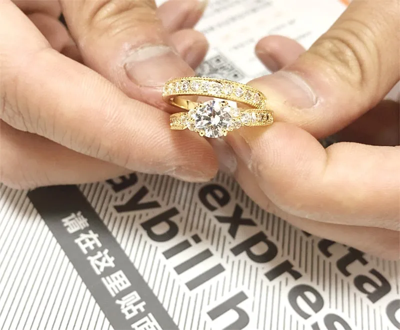Natural Zirconia Gold 925 Solid Silver Rings Set Women 2.0ct Wedding Bride