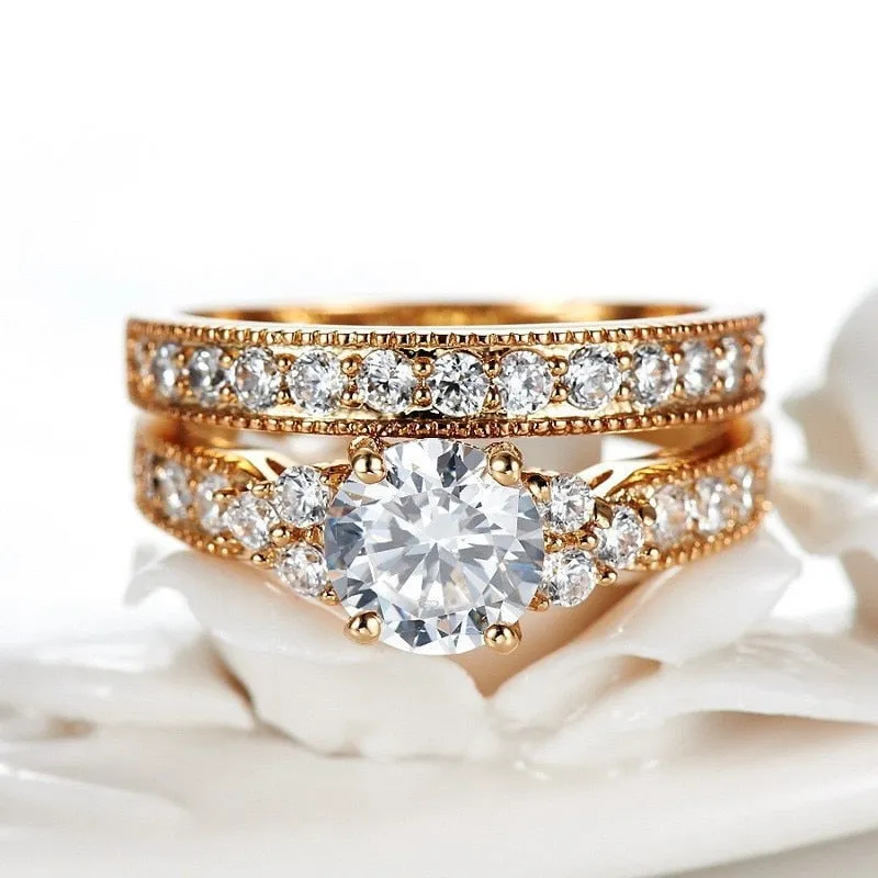 Natural Zirconia Gold 925 Solid Silver Rings Set Women 2.0ct Wedding Bride