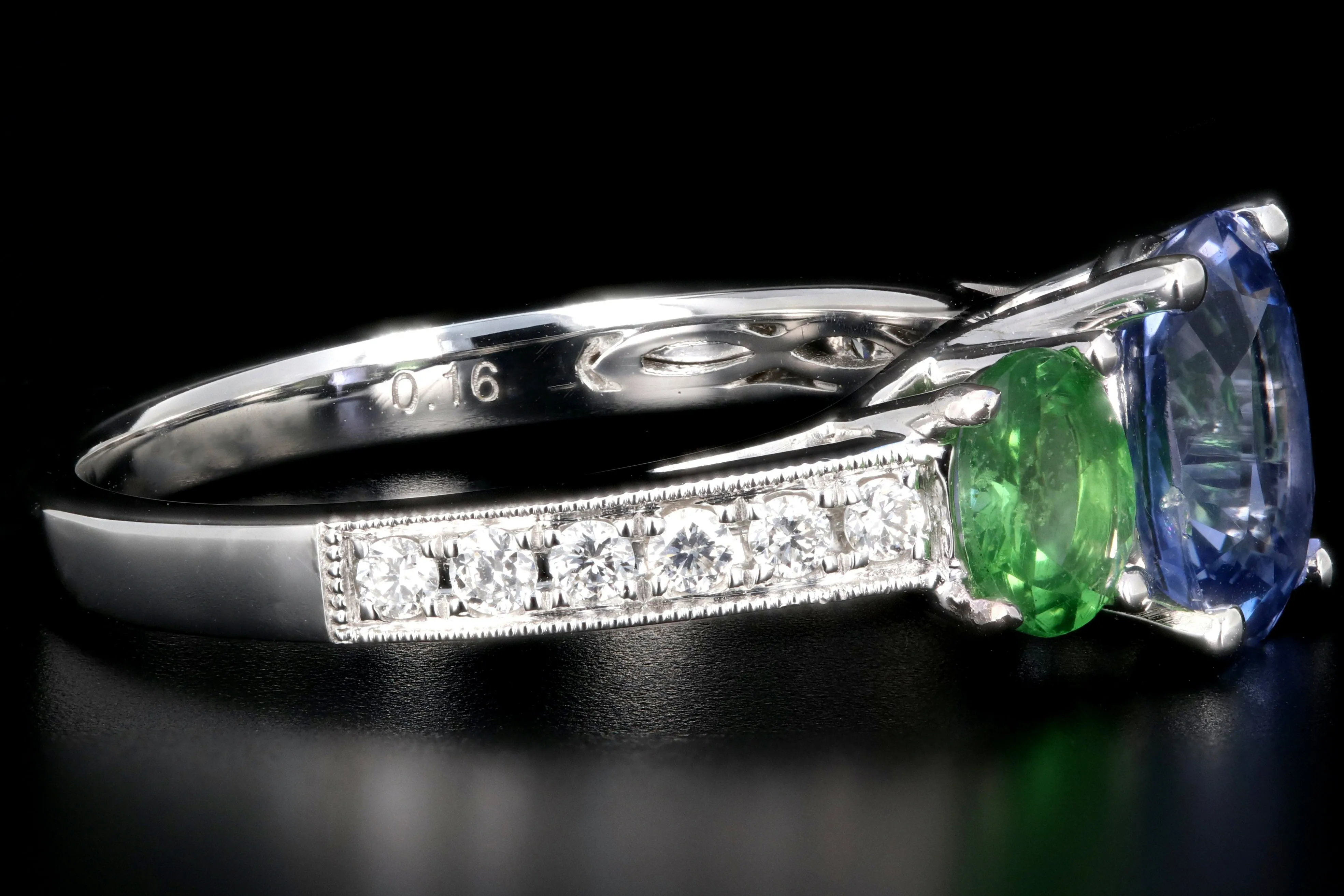 New 14K White Gold Heat Treated Purple Sapphire and Tsavorite Garnet AND Diamond Ring