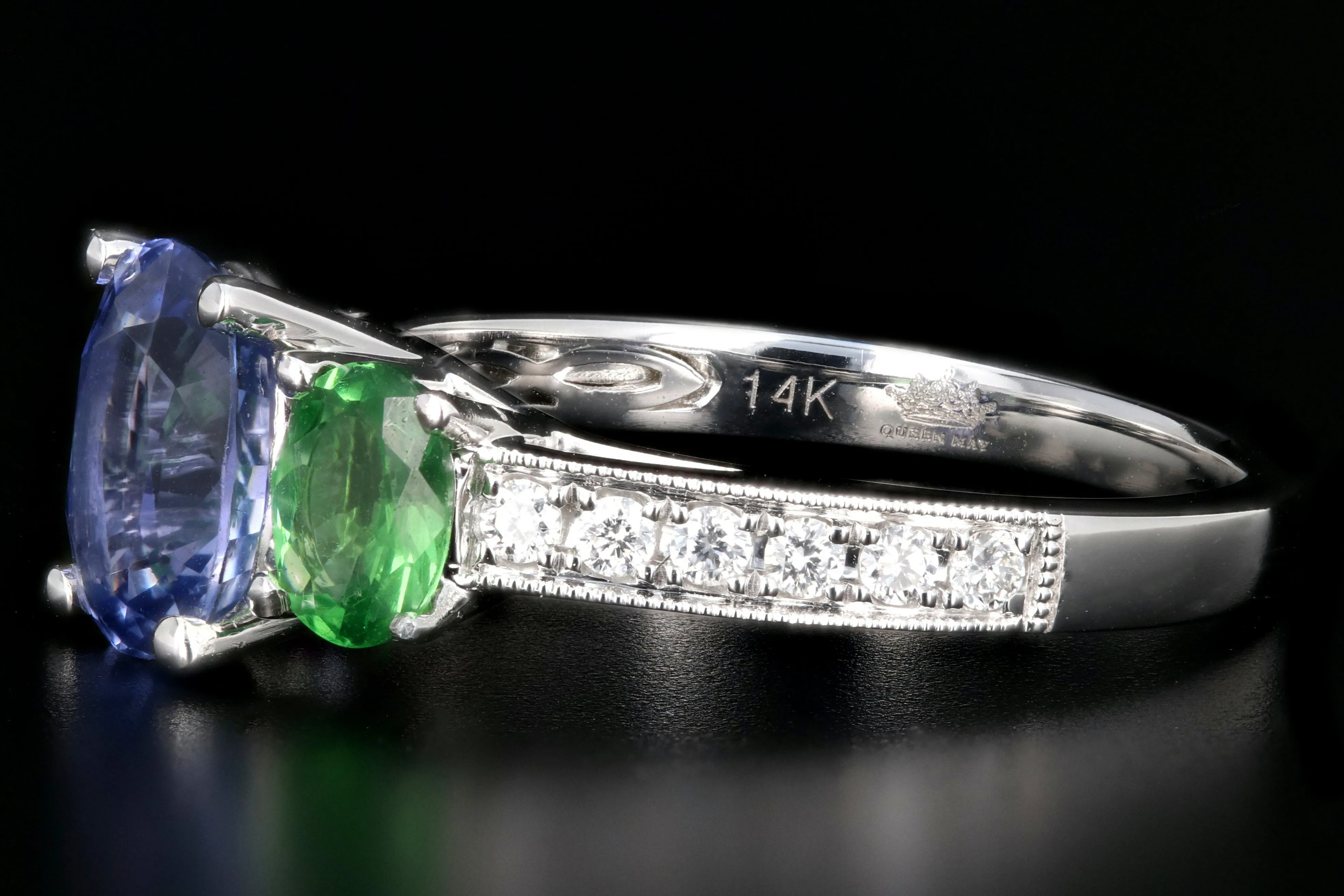 New 14K White Gold Heat Treated Purple Sapphire and Tsavorite Garnet AND Diamond Ring