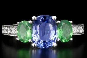 New 14K White Gold Heat Treated Purple Sapphire and Tsavorite Garnet AND Diamond Ring