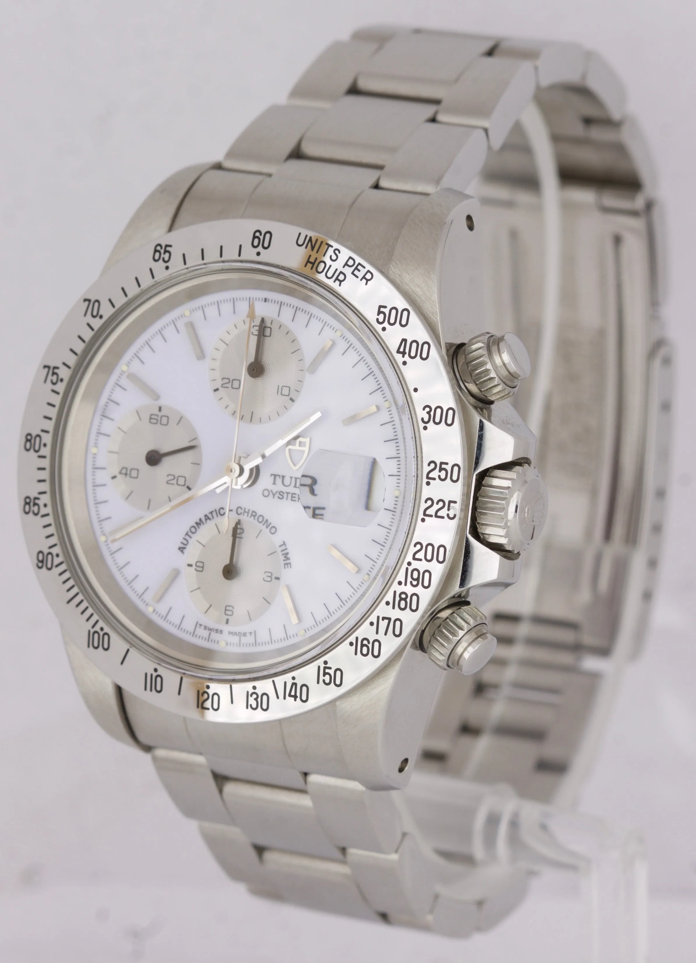NOS LNIB Tudor OysterDate Chronograph BIG BLOCK 'ALBINO' 79180 Stainless Watch