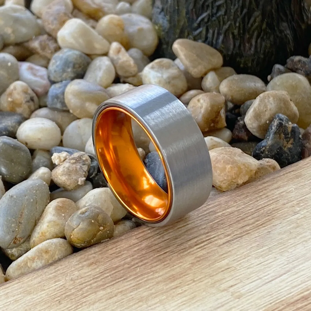 NUTMEG | Orange Ring, Silver Tungsten Ring, Brushed, Flat
