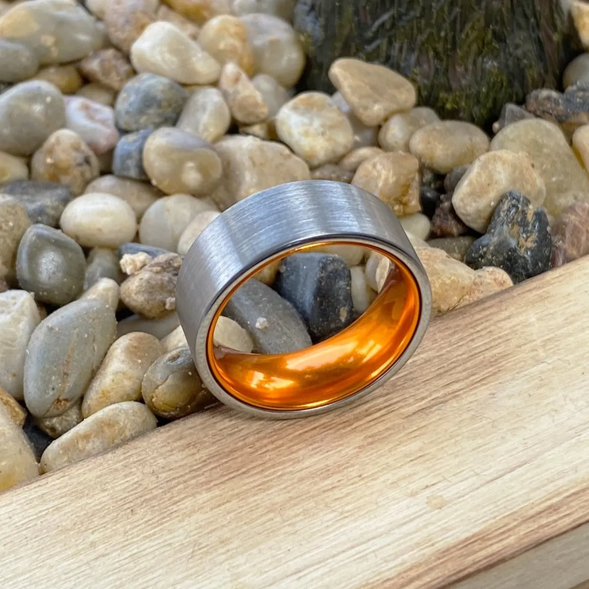 NUTMEG | Orange Ring, Silver Tungsten Ring, Brushed, Flat