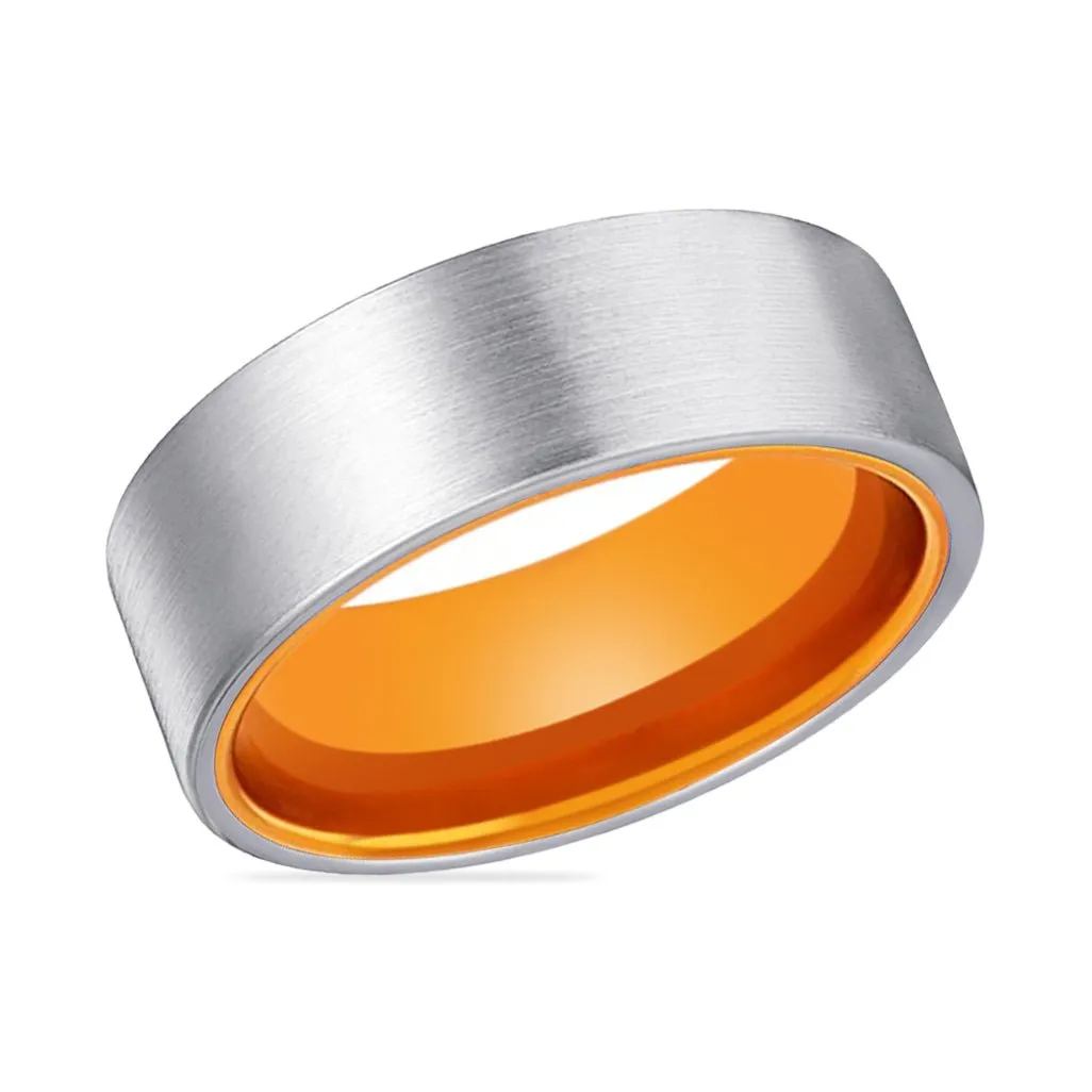 NUTMEG | Orange Ring, Silver Tungsten Ring, Brushed, Flat