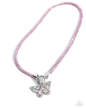 On SHIMMERING Wings - Pink - Rhinestone Mesh Chain and Butterfly Paparazzi Toggle Short Necklace