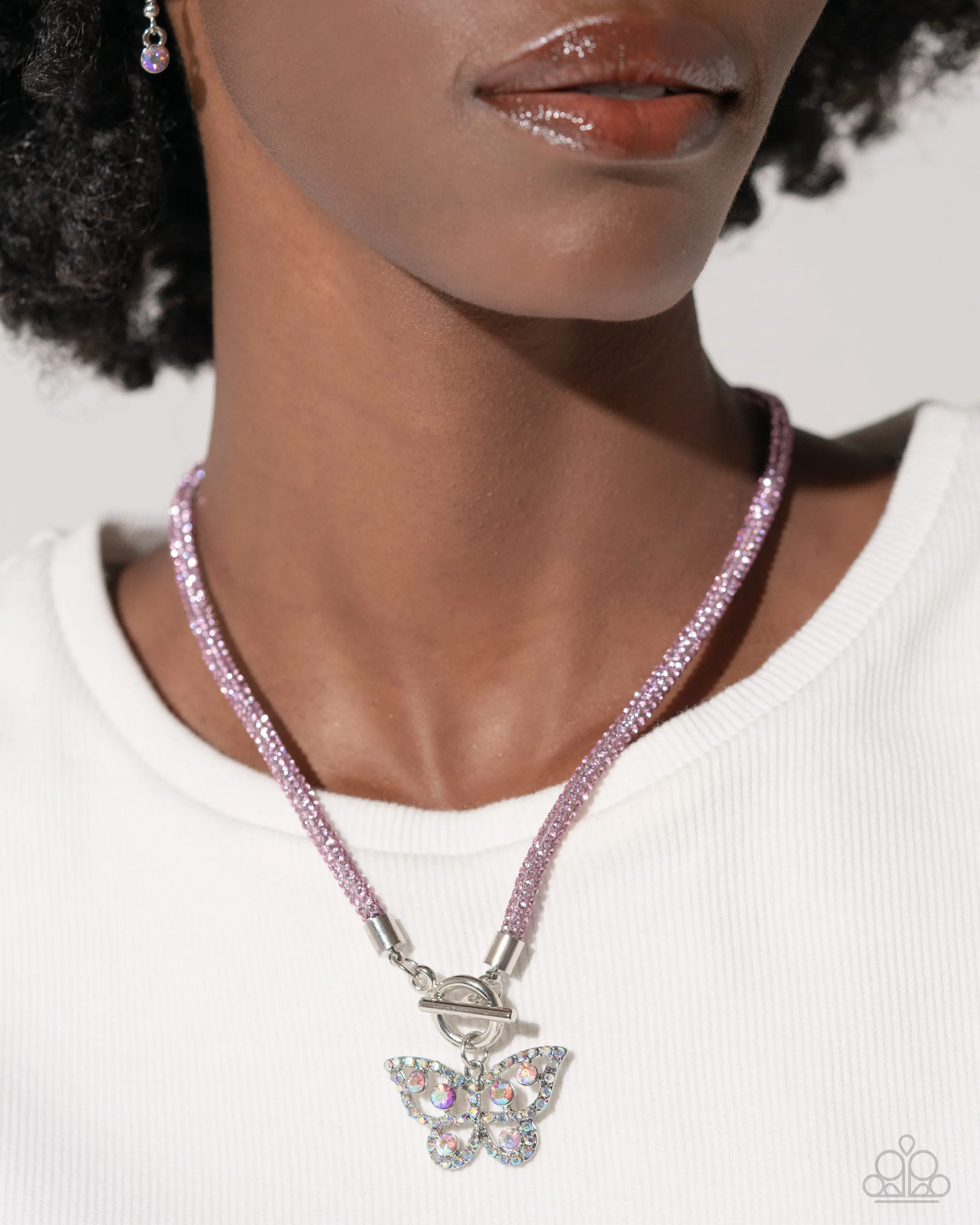On SHIMMERING Wings - Pink - Rhinestone Mesh Chain and Butterfly Paparazzi Toggle Short Necklace