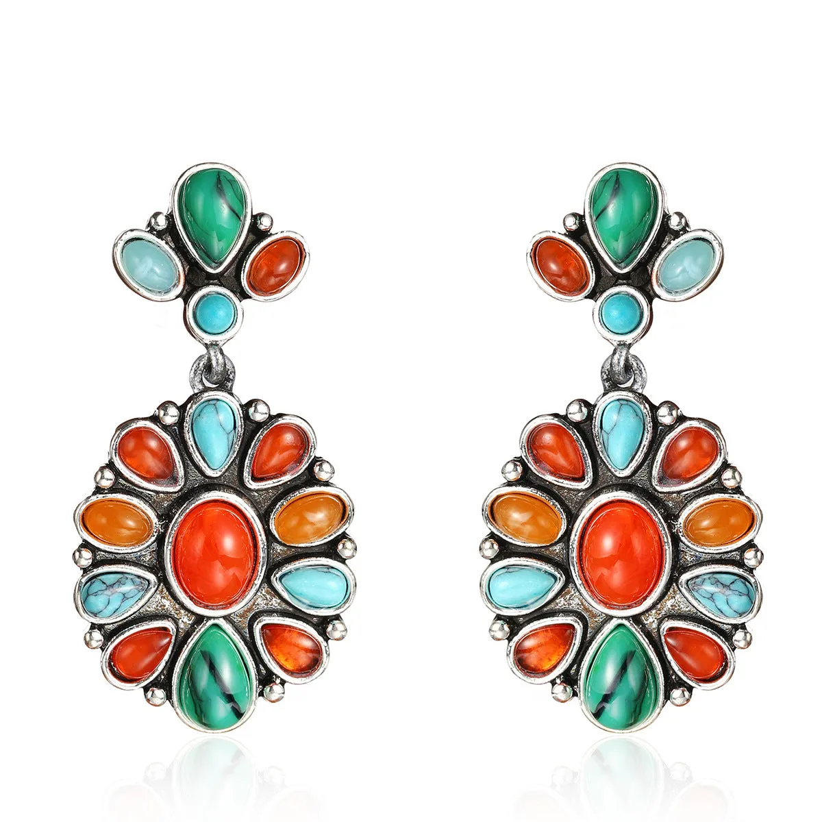 Orange Resin & Turquoise Silver-Plated Oval Drop Earrings