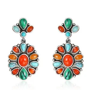 Orange Resin & Turquoise Silver-Plated Oval Drop Earrings