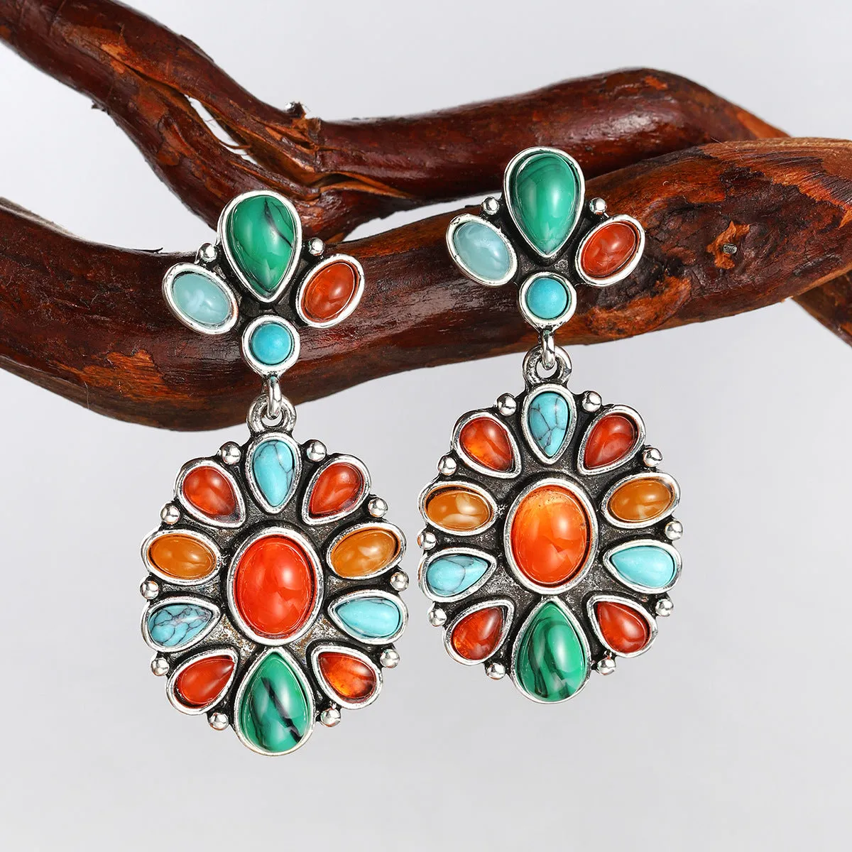 Orange Resin & Turquoise Silver-Plated Oval Drop Earrings